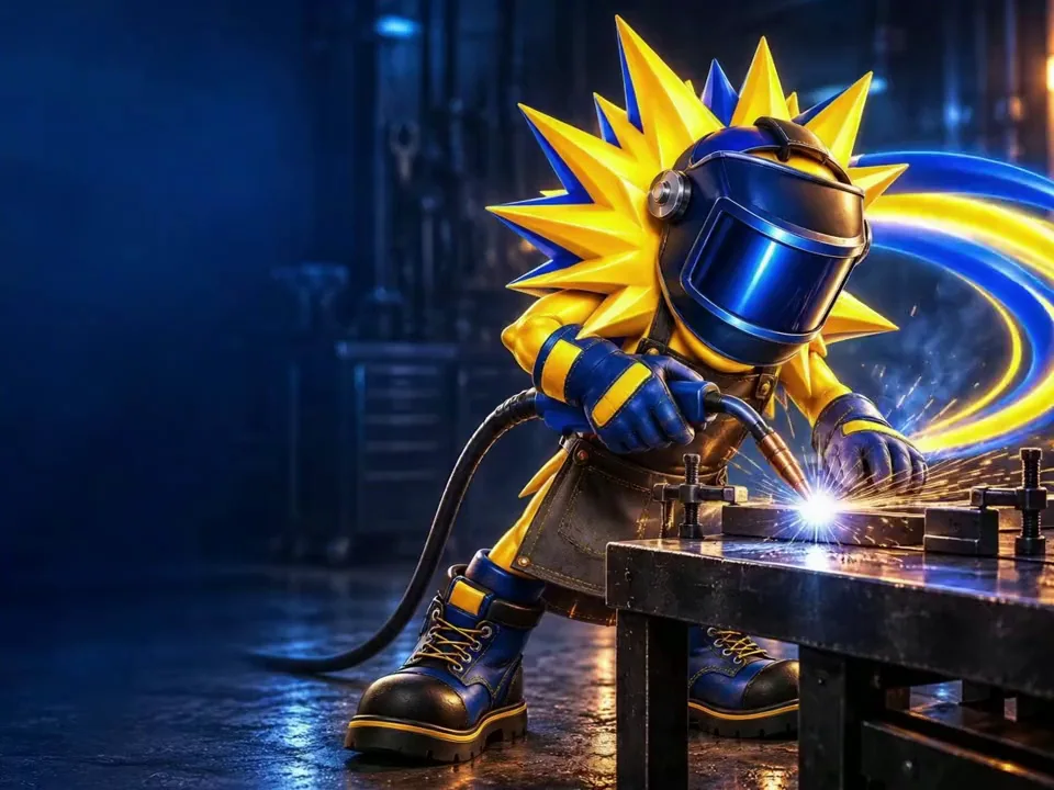 Brand illustration of Sparks wearing a lowered welding visor and welding a metal piece at a bench